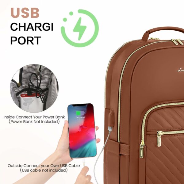 LOVEVOOK Leather Backpacks for Women,15.6 inch Leather Laptop Backpack Women Computer Backpack Laptop Bag,Stylish Quilted Travel Backpack Purse Work Bag College Teacher Backpacks with USB Port,Brown - Image 3