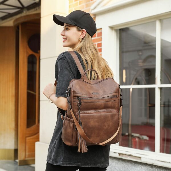 Wireless World Backpack Purse for Women Large Womens Backpack Leather Travel Backpack Fashion Backpack Purse Designer Ladies Shoulder Bags with Tassel Two-toned Brown - Image 3