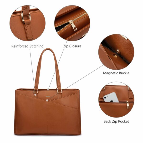 Laptop Tote Bag for Women 15.6 Inch Waterproof Leather Computer Bags Women Business Office Work Bag Briefcase Brown - Image 4