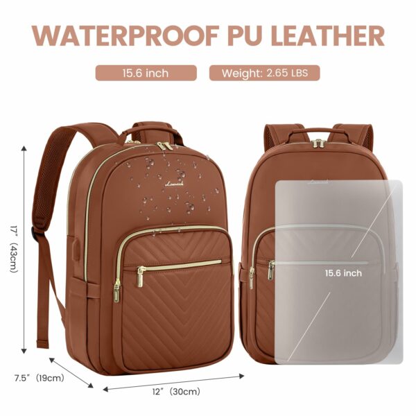 LOVEVOOK Leather Backpacks for Women,15.6 inch Leather Laptop Backpack Women Computer Backpack Laptop Bag,Stylish Quilted Travel Backpack Purse Work Bag College Teacher Backpacks with USB Port,Brown - Image 4
