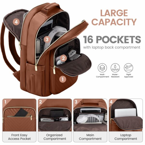 LOVEVOOK Leather Backpacks for Women,15.6 inch Leather Laptop Backpack Women Computer Backpack Laptop Bag,Stylish Quilted Travel Backpack Purse Work Bag College Teacher Backpacks with USB Port,Brown - Image 6