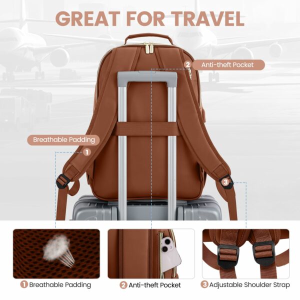 LOVEVOOK Leather Backpacks for Women,15.6 inch Leather Laptop Backpack Women Computer Backpack Laptop Bag,Stylish Quilted Travel Backpack Purse Work Bag College Teacher Backpacks with USB Port,Brown - Image 2