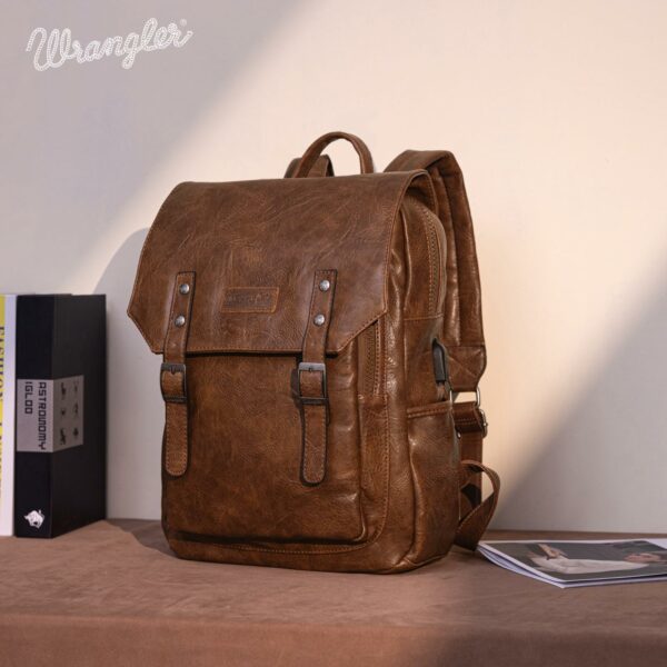 Wireless World × Wrangler Brown Leather Laptop Backpack for Women Men Unisex Fashion Backpack Purse - Image 6