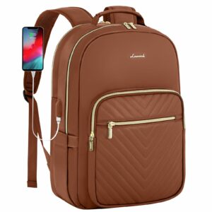 LOVEVOOK Leather Backpacks for Women,15.6 inch Leather Laptop Backpack Women Computer Backpack Laptop Bag,Stylish Quilted Travel Backpack Purse Work Bag College Teacher Backpacks with USB Port,Brown
