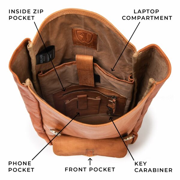 Wireless World Vintage Genuine Leather Backpack Leeds, Travel Backpack, Laptop Backpack for Women and Men - Brown - Image 5