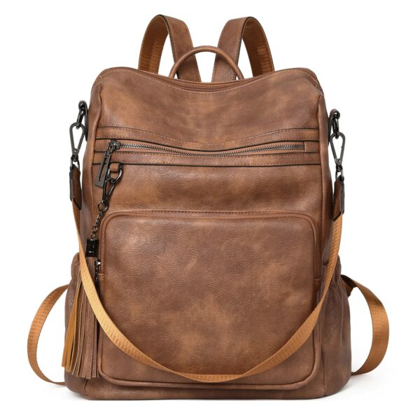 Wireless World Backpack Purse for Women Large Womens Backpack Leather Travel Backpack Fashion Backpack Purse Designer Ladies Shoulder Bags with Tassel Two-toned Brown - Image 2