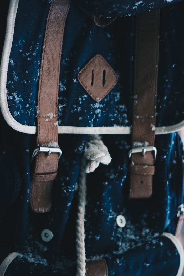 Detailed image of a stylish blue and brown backpack with snow, perfect for winter fashion.